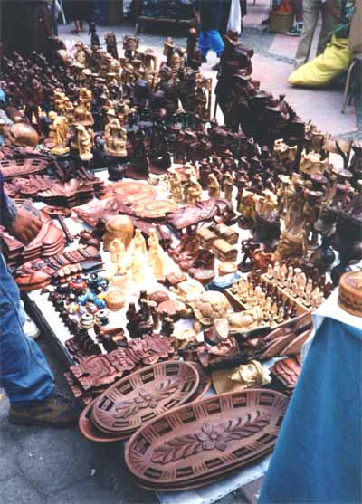 Photo of wood carvings at Otavalo market